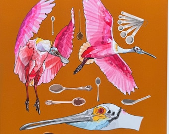 Espátula rosada, impresión giclée de 8 x 8, acabado mate, regalo para amantes de las aves, amantes de la vida silvestre, aves acuáticas y zancudas, arte original