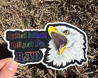 Pegatina holográfica brillante troquelada de águila calva izquierdista / Antifascista / Regalo para amantes de las aves / Rapaz, ave de rapiña / Arte del orgullo / LGBTQ+ /