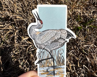 Pegatina troquelada de vinilo mate con paisaje de grulla canadiense / Regalo para amantes de las aves / Vida silvestre / Grúas / Arte original /
