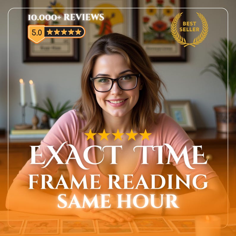 May include: A person with shoulder-length brown hair and black-rimmed glasses wearing a pink long-sleeve shirt. The image features text reading 10.000+ REVIEWS, 5.0 stars, BEST SELLER, and EXACT TIME FRAME READING SAME HOUR over tarot cards.