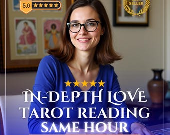 Puede incluir: Un anuncio de servicio digital para una lectura de tarot de amor en profundidad en una hora, con una persona en camisa azul, 5,0 estrellas, 10.000+ reseñas, insignia de Best Seller y el texto Your Love Story In Depth Personal PDF.