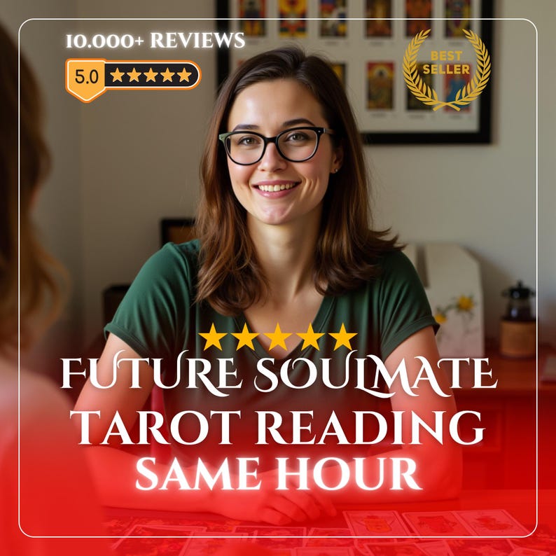 Pu&ograve; includere: Una persona sorridente con capelli castani e occhiali con montatura nera siede a un tavolo con carte dei tarocchi. Il testo include 10.000+ REVIEWS, 5.0 stelle, BEST SELLER e FUTURE SOULMATE TAROT READING SAME HOUR in lettere bianche e dorate.