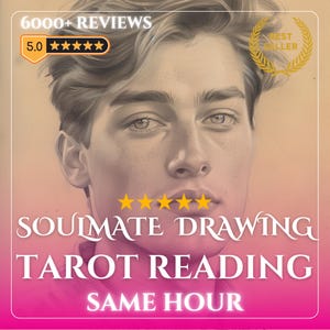 Peut inclure: Portrait numérique d'une personne à la peau claire et aux cheveux châtain clair. L'image contient le texte "SOULMATE DRAWING", "TAROT READING" et "SAME HOUR". L'image comprend également un badge "BEST SELLER" et une note de 5 étoiles.