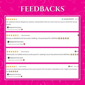 May include: A pink graphic with the word "FEEDBACKS" in white text. The image shows four customer reviews, each with a five-star rating and positive comments about psychic readings. The reviews are framed in white.
