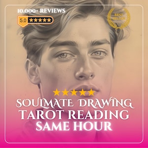 May include: A digital illustration of a young person with wavy hair, overlaid with text reading 10.000+ REVIEWS, 5.0 stars, BEST SELLER, and SOULMATE DRAWING TAROT READING SAME HOUR. The background features a gradient from light beige to vibrant pink.