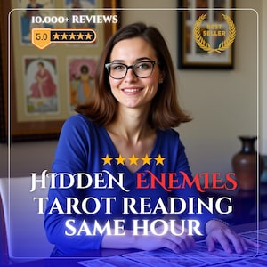 Puede incluir: Una persona con cabello castaño hasta los hombros y gafas de montura negra viste una camisa azul de manga larga. El texto en la imagen dice 10.000+ REVIEWS, 5.0 estrellas, BEST SELLER y HIDDEN ENEMIES TAROT READING SAME HOUR con cinco estrellas.