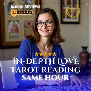 May include: A person with shoulder-length brown hair and black-rimmed glasses wearing a blue long-sleeve shirt. Text overlay reads: 10.000+ REVIEWS, 5.0 stars, BEST SELLER, and IN-DEPTH LOVE TAROT READING SAME HOUR. Tarot cards are spread on the table.