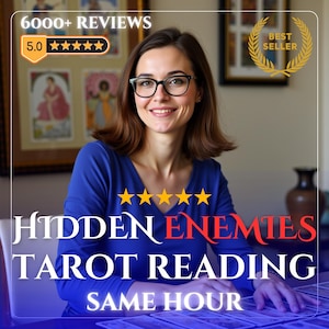 May include: A woman wearing glasses smiles in front of a table with tarot cards. The image includes text that reads "Hidden Enemies Tarot Reading Same Hour" and "6000+ Reviews". A gold laurel wreath with the words "Best Seller" is also visible.