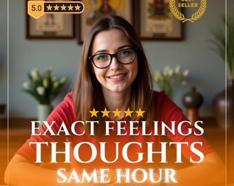Puede incluir: Una persona con cabello castaño y gafas de montura negra con una camisa roja, situada detrás de una fila de cartas de tarot. Los textos superpuestos incluyen 10.000+ REVIEWS, 5.0 estrellas, BEST SELLER y EXACT FEELINGS THOUGHTS SAME HOUR.