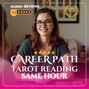 Puede incluir: Una persona con cabello castaño y gafas de montura negra con una camiseta verde oscuro. La imagen incluye el texto 10.000+ REVIEWS, 5.0 stars, BEST SELLER y CAREER PATH TAROT READING SAME HOUR con cinco estrellas amarillas arriba.