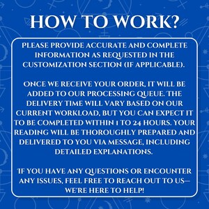 Puede incluir: Un gr&aacute;fico informativo azul con texto blanco titulado HOW TO WORK? Instruye a los clientes a proporcionar informaci&oacute;n completa para la personalizaci&oacute;n, indica un tiempo de procesamiento de 1 a 24 horas y ofrece asistencia para dudas o problemas.