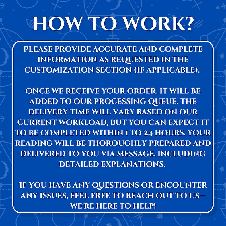 Puede incluir: Un gr&aacute;fico informativo azul con texto blanco titulado HOW TO WORK? Instruye a los clientes a proporcionar informaci&oacute;n completa para la personalizaci&oacute;n, indica un tiempo de procesamiento de 1 a 24 horas y ofrece asistencia para dudas o problemas.