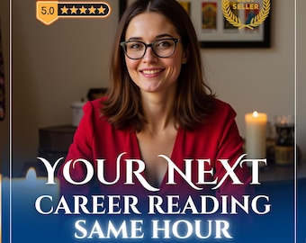 May include: A person with shoulder-length brown hair wearing black-rimmed glasses and a red top. Text reads 10.000+ REVIEWS, 5.0 stars, BEST SELLER, and YOUR NEXT CAREER READING SAME HOUR. The background features a framed chart and a lit candle.