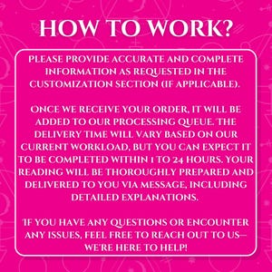 May include: A pink graphic with the text "HOW TO WORK?" and detailed instructions. The text explains the process, from providing information to receiving a reading within 1 to 24 hours. The background has a repeating pattern.