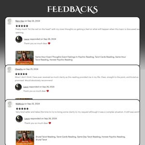 May include: Screenshots of customer reviews for a tarot card reading service. The reviews are positive and highlight the clarity and accuracy of the readings. The service offers same-hour readings, tarot card readings, and honest psychic readings.