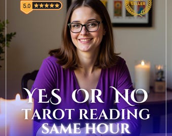 May include: A person with brown hair and glasses wearing a purple top, positioned behind a table with tarot cards. Text on the image reads: 10.000+ REVIEWS, 5.0 stars, BEST SELLER, YES OR NO TAROT READING SAME HOUR. The scene includes lit candles.