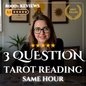 以下が含まれることがあります： メガネをかけた笑顔の女性、テキストオーバーレイ付き：「3 QUESTION TAROT READING SAME HOUR」。画像には「Best Seller」バッジと5.0つ星の評価、上部に「8000+ REVIEWS」が表示されています。
