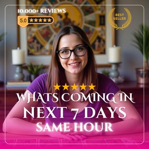 May include: A person with brown hair and black-rimmed glasses wearing a purple shirt. Text overlays include 10.000+ REVIEWS, 5.0 stars, BEST SELLER, and WHATS COMING IN NEXT 7 DAYS SAME HOUR. Five yellow stars are displayed above the text.
