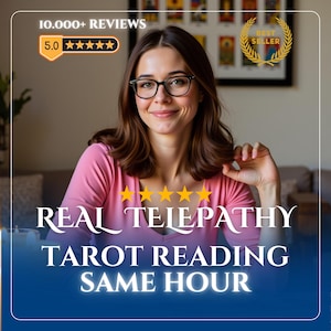 May include: A person with brown hair and glasses wearing a pink long-sleeve shirt. Text overlays include 10.000+ REVIEWS, 5.0 stars, BEST SELLER, and the words REAL TELEPATHY TAROT READING SAME HOUR with five yellow stars above the text.