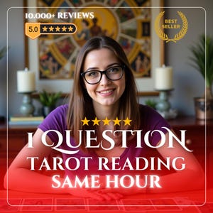 May include: A person with brown hair and glasses wearing a purple shirt, positioned behind a table with tarot cards. Text overlays include 10.000+ REVIEWS, 5.0 stars, BEST SELLER, and the words I QUESTION TAROT READING SAME HOUR in white font.