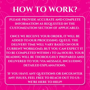 May include: Pink background with white text explaining how to work with a service. The text says "How to Work?" and includes instructions on providing accurate information, processing time, and customer service.