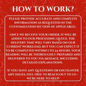 Pu&ograve; includere: Un grafico informativo rettangolare rosso con testo bianco intitolato HOW TO WORK? Il testo istruisce a fornire informazioni accurate nella sezione di personalizzazione, indica un tempo di consegna di 1-24 ore e offre assistenza per domande.