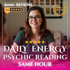 Puede incluir: Imagen de una mujer sonriente con gafas, con el texto "Daily Energy Psychic Reading Same Hour". La imagen también incluye una insignia de "Best Seller" y una calificación de 5 estrellas.