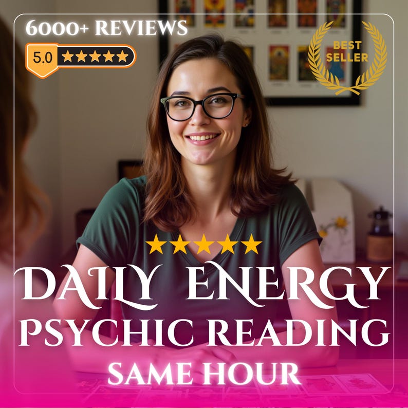May include: Image features a smiling woman wearing glasses, with text reading "Daily Energy Psychic Reading Same Hour." A "Best Seller" badge and a 5-star rating are also visible in the image.