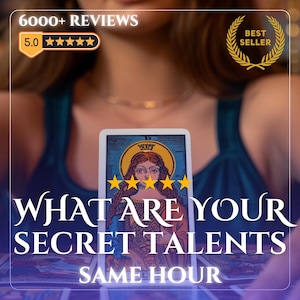 May include: A tarot card with an illustration of a woman with a halo, with the text "WHAT ARE YOUR SECRET TALENTS SAME HOUR". The image also includes a "Best Seller" badge and a 5-star rating.