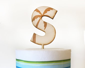 Initial Wood Cake Topper Palm Tree engraving, Presonalized, Alphabet, Letter, Chicka Chicka Boom Boom, Birthday Cake