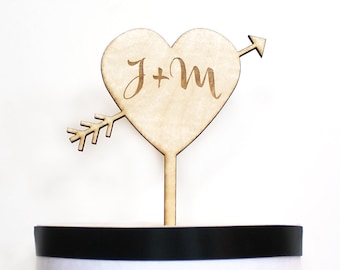 Heart & Arrow Cake Topper with initials, Presonalized wedding cake topper, wood cake topper,