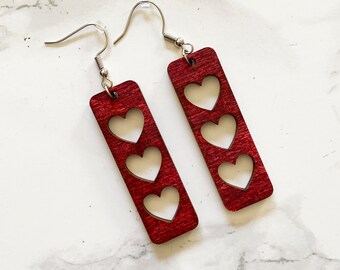 Hearts wood earrings, Valentine's Day earrings, wood earrings, light weight earrings,