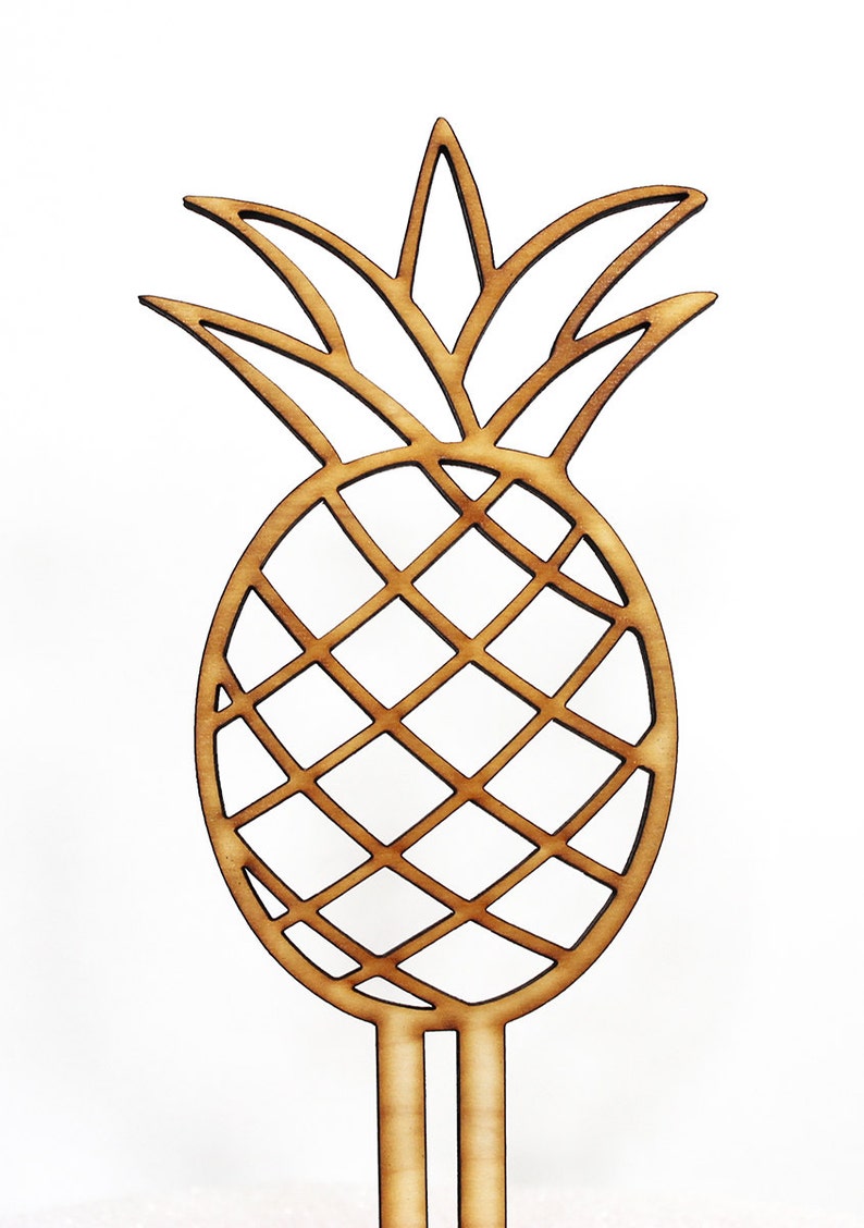 May include: A wooden cutout of a pineapple with a detailed design. The pineapple has a brown color and is on a white background.