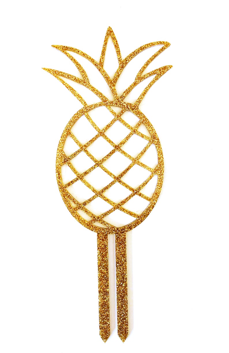 May include: Gold glitter pineapple cake topper with two long, thin stems.