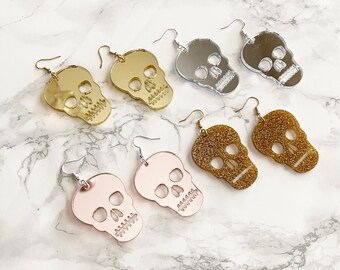 Skull earrings, Halloween earrings, Goth earrings, rose gold, gold mirror acrylic, silver mirror acrylic, Lightweight,