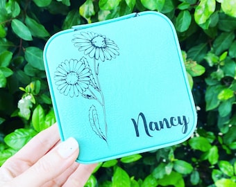 Birth Flower Personalized Vegan Leather Jewelry Travel Case
