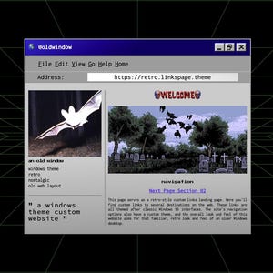 Può includere: Design di sito web retrò con un'interfaccia Windows 95. La pagina web presenta una grafica di pipistrello, una scena di cimitero e il testo "WELCOME". L'indirizzo del sito web è https://retro.linkspage.theme.