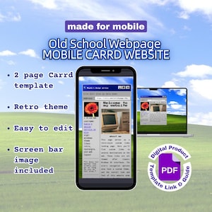 Könnte beinhalten: Eine digitale Carrd-Website-Vorlage mit einer Retro-Betriebssystem-Ästhetik der 1990er Jahre. Das Design umfasst ein zweiseitiges Layout, ein Bildschirmleistenbild und Textelemente wie "made for mobile" und "Old School Webpage MOBILE CARRD WEBSITE."
