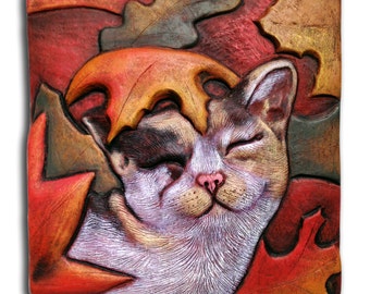 Hand carved, hand pressed ceramic, wall sculpture, earthenware, Cat rolling in leaves, "Fall Kitty," tile
