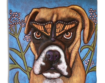 Hand carved, hand pressed ceramic, wall sculpture, earthenware, Boxer, dog, monarch butterfly, "New Friends," tile