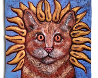 Hand carved, hand pressed ceramic sculpture, earthenware, wall sculpture, Tabby Cat "Summer Kitty," tile