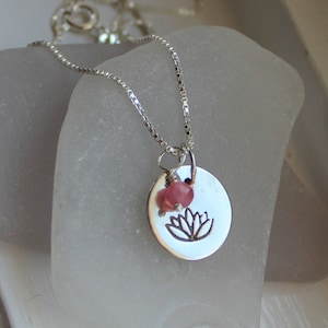 Lotus Flower Sterling Silver Charm Necklace with Ruby Stone