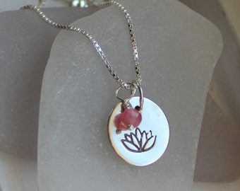 Lotus Flower Sterling Silver Charm Necklace with Ruby Stone