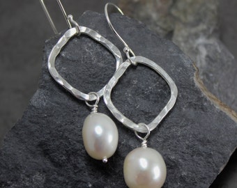 Hammered Sterling Squares with Large Fresh Water Pearls