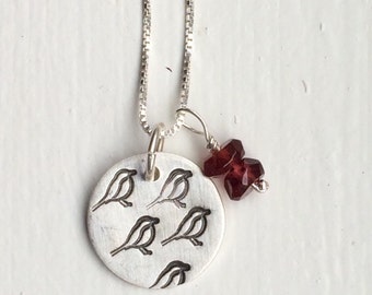 Bird stamped sterling silver charm necklace