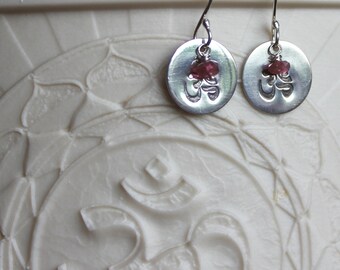 Ohm Symbol Fine Silver Disc Earrings with Ruby Stones