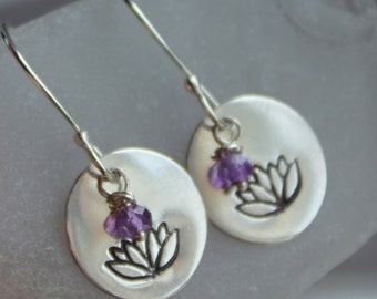 Lotus Flower Silver Hand Stamped Earrings with Amethyst Stones