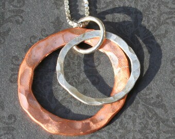 Hammered Copper and Sterling Rings Necklace