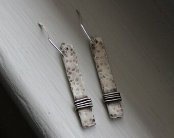 Sterling silver rectangle hammered and wire wrapped earrings