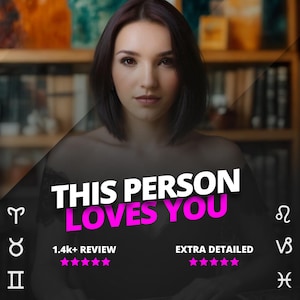 Puede incluir: Imagen de una persona con cabello oscuro. La superposición de texto dice "THIS PERSON LOVES YOU" en blanco y rosa. También hay símbolos del zodiaco y estrellas de revisión. Un fondo de estantería es visible.